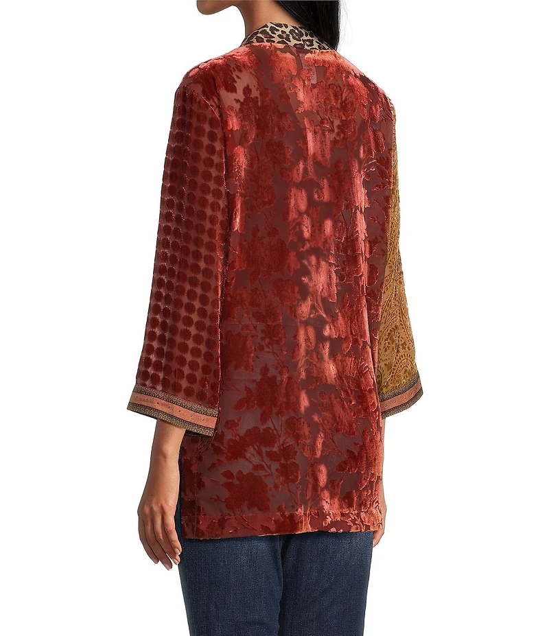 John Mark Mix Burnout Rhinestone Detail Open Front 3/4 Sleeve Kimono