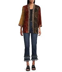John Mark Mix Burnout Rhinestone Detail Open Front 3/4 Sleeve Kimono
