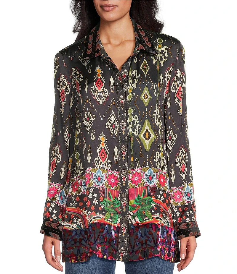 John Mark Mix Media Velvet Burnout Point Collar Long Sleeve Tunic