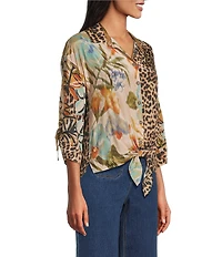 John Mark Mixed Animal And Floral Print Ditsy Point Collar Dolman Cinched Sleeve Button Front Tie Blouse