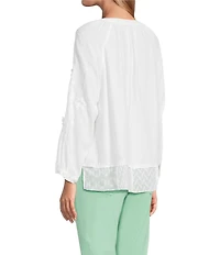 John Mark Mixed Eyelet Y-Neck 3/4 Sleeve Top