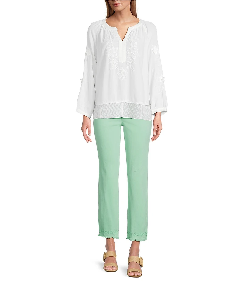 John Mark Mixed Eyelet Y-Neck 3/4 Sleeve Top