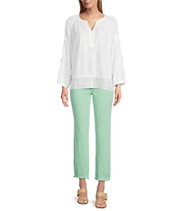 John Mark Mixed Eyelet Y-Neck 3/4 Sleeve Top