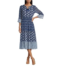John Mark Mixed Print Scoop Neck 3/4 Flounce Sleeve Tiered A-Line Midi Dress
