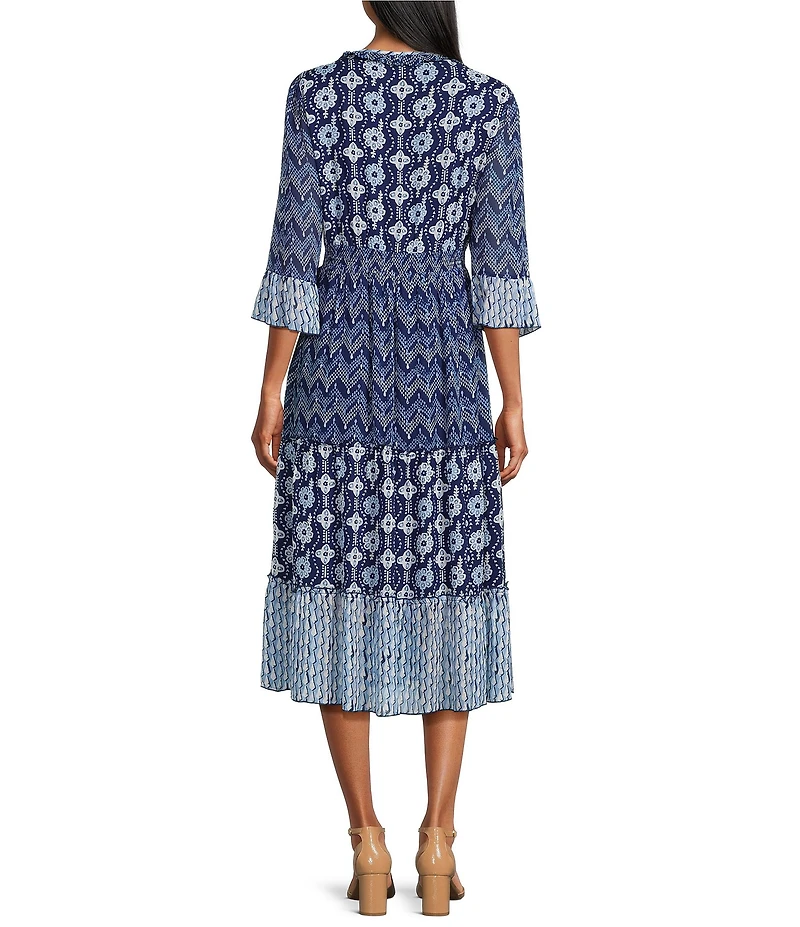 John Mark Mixed Print Scoop Neck 3/4 Flounce Sleeve Tiered A-Line Midi Dress
