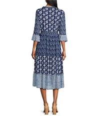 John Mark Mixed Print Scoop Neck 3/4 Flounce Sleeve Tiered A-Line Midi Dress
