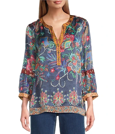 John Mark Multi Mixed Floral Paisley Print Button Up Y-Neck 3/4 Sleeve Tunic