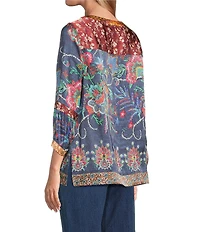John Mark Multi Mixed Floral Paisley Print Button Up Y-Neck 3/4 Sleeve Tunic