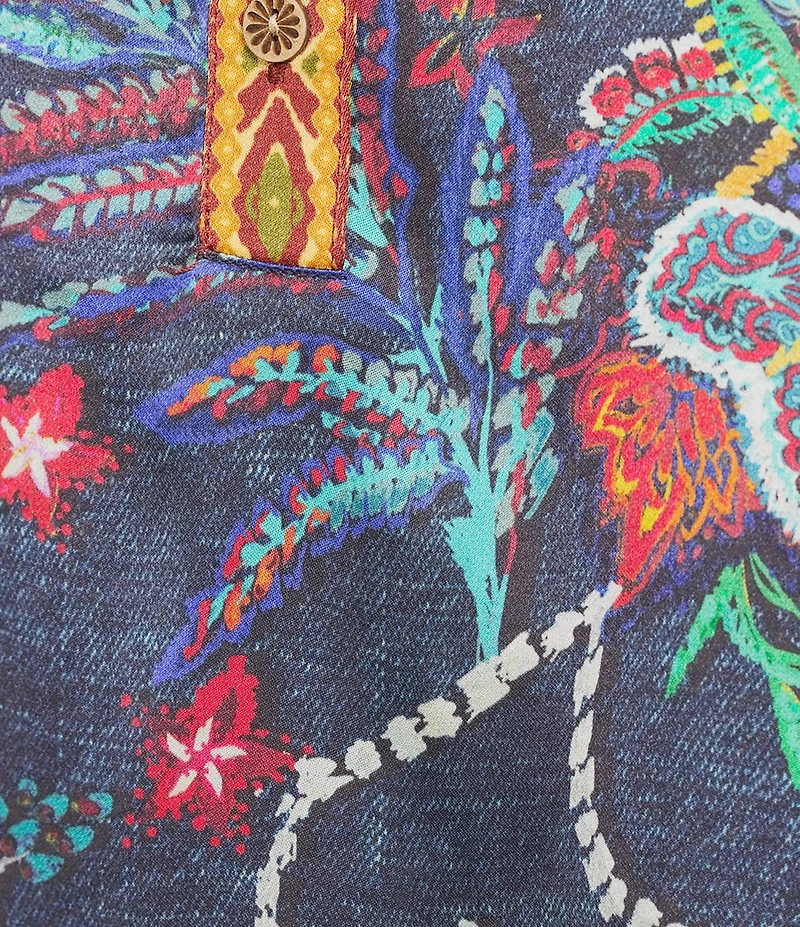 John Mark Multi Mixed Floral Paisley Print Button Up Y-Neck 3/4 Sleeve Tunic