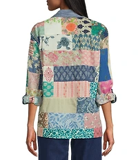 John Mark Multi Print Patched Point Collar Long Roll-Tab Sleeve Button Front Tunic