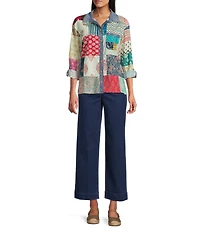 John Mark Multi Print Patched Point Collar Long Roll-Tab Sleeve Button Front Tunic