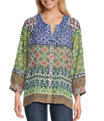 John Mark Multi Print Y-Neck 3/4 Raglan Sleeve Button-Front Top