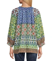 John Mark Multi Print Y-Neck 3/4 Raglan Sleeve Button-Front Top