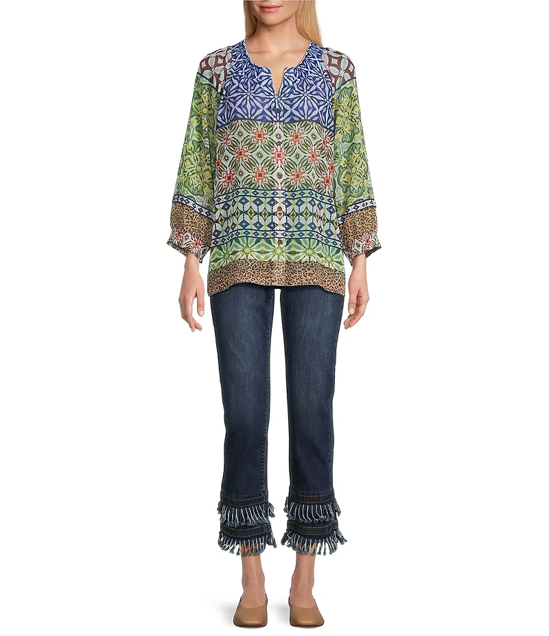 John Mark Multi Print Y-Neck 3/4 Raglan Sleeve Button-Front Top