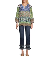 John Mark Multi Print Y-Neck 3/4 Raglan Sleeve Button-Front Top