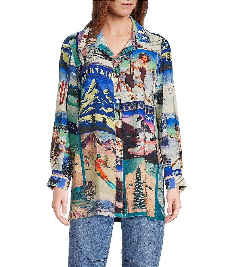 John Mark Novelty Travel Print Point Collar Roll-Tab Sleeve Button Front Tunic