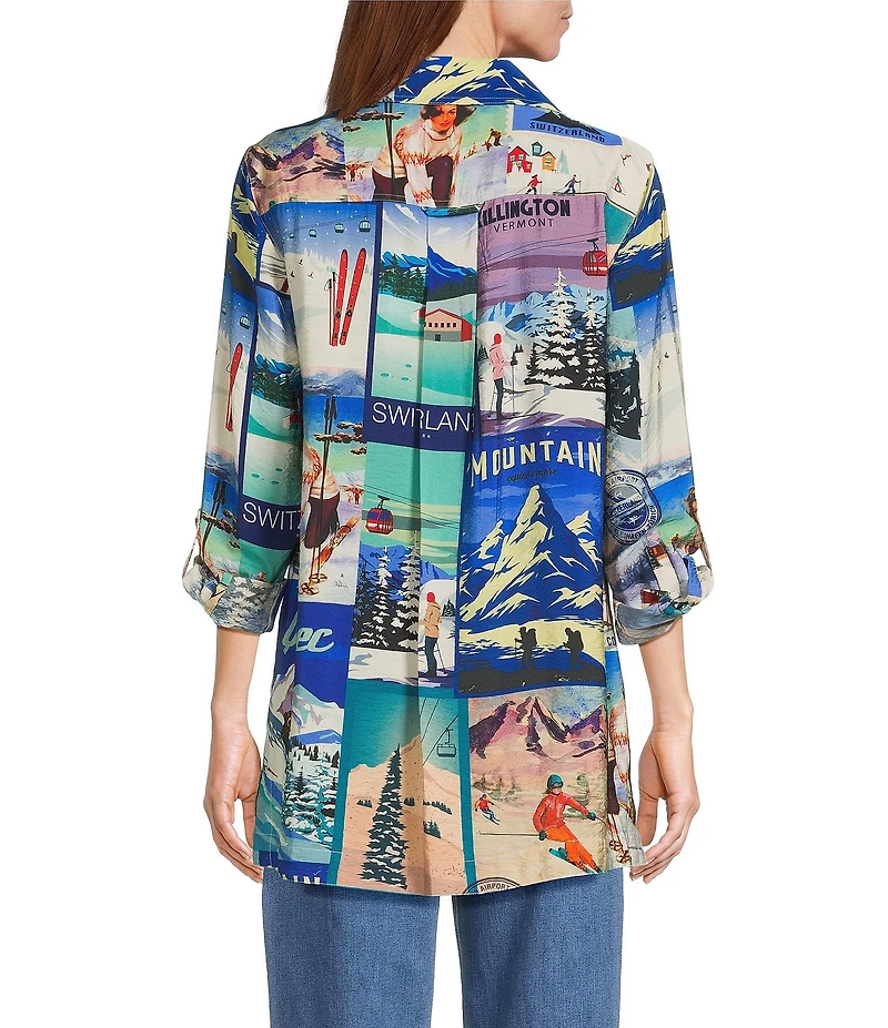 John Mark Novelty Travel Print Point Collar Roll-Tab Sleeve Button Front Tunic