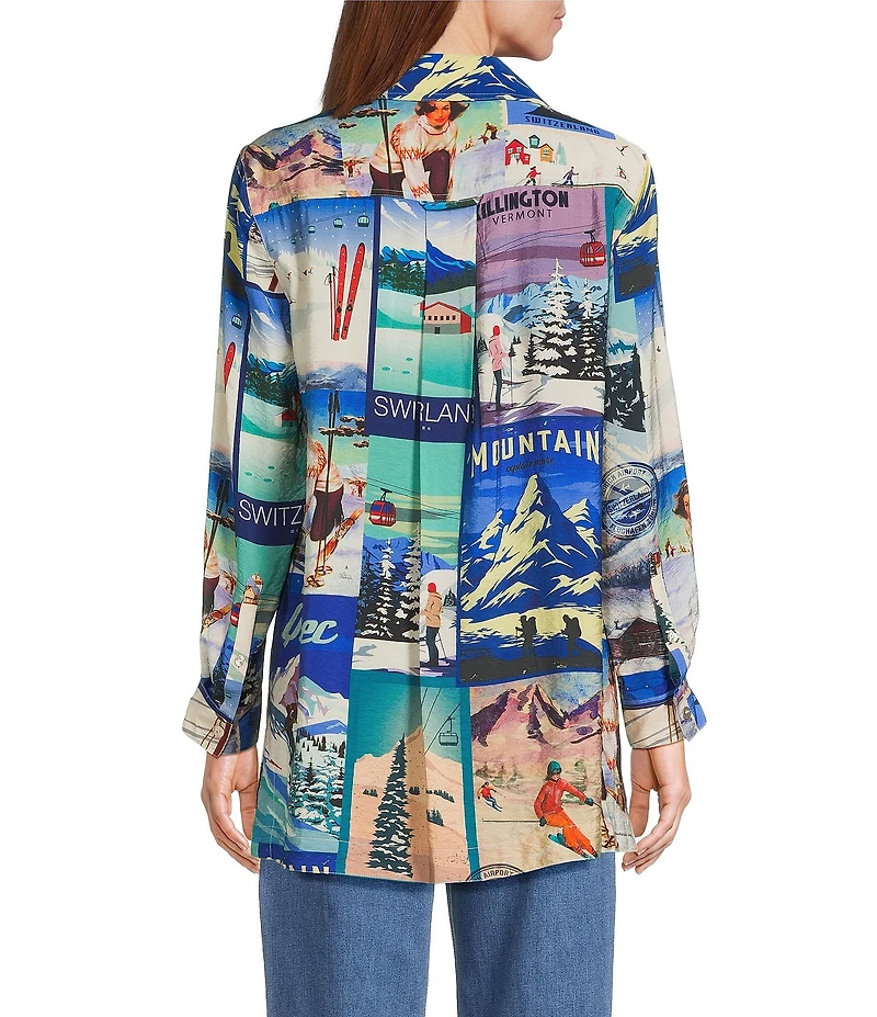 John Mark Novelty Travel Print Point Collar Roll-Tab Sleeve Button Front Tunic