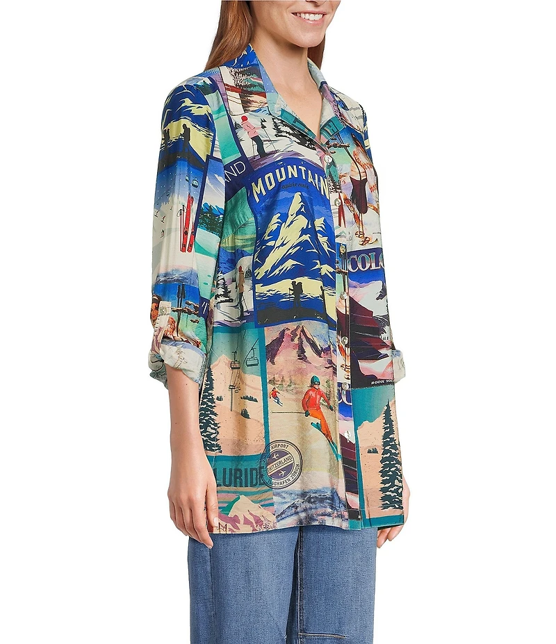 John Mark Novelty Travel Print Point Collar Roll-Tab Sleeve Button Front Tunic