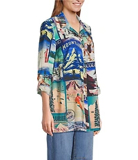 John Mark Novelty Travel Print Point Collar Roll-Tab Sleeve Button Front Tunic