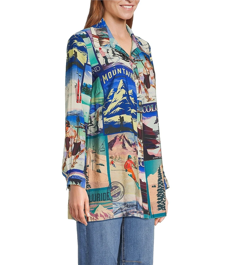 John Mark Novelty Travel Print Point Collar Roll-Tab Sleeve Button Front Tunic