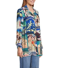John Mark Novelty Travel Print Point Collar Roll-Tab Sleeve Button Front Tunic