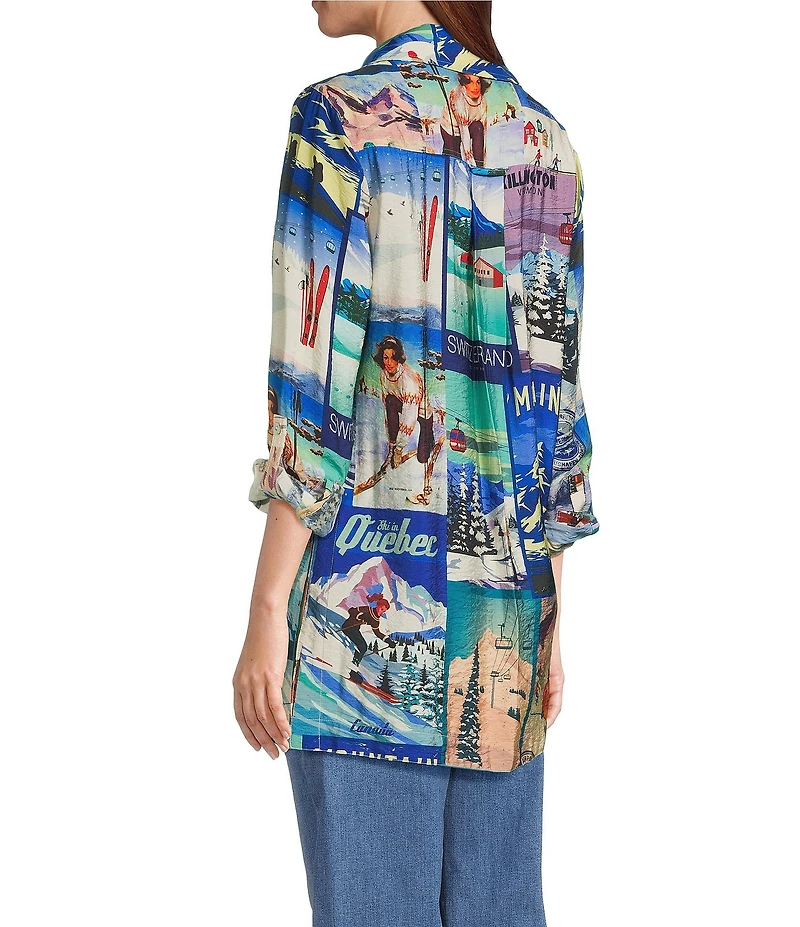 John Mark Novelty Travel Print Point Collar Roll-Tab Sleeve Button Front Tunic