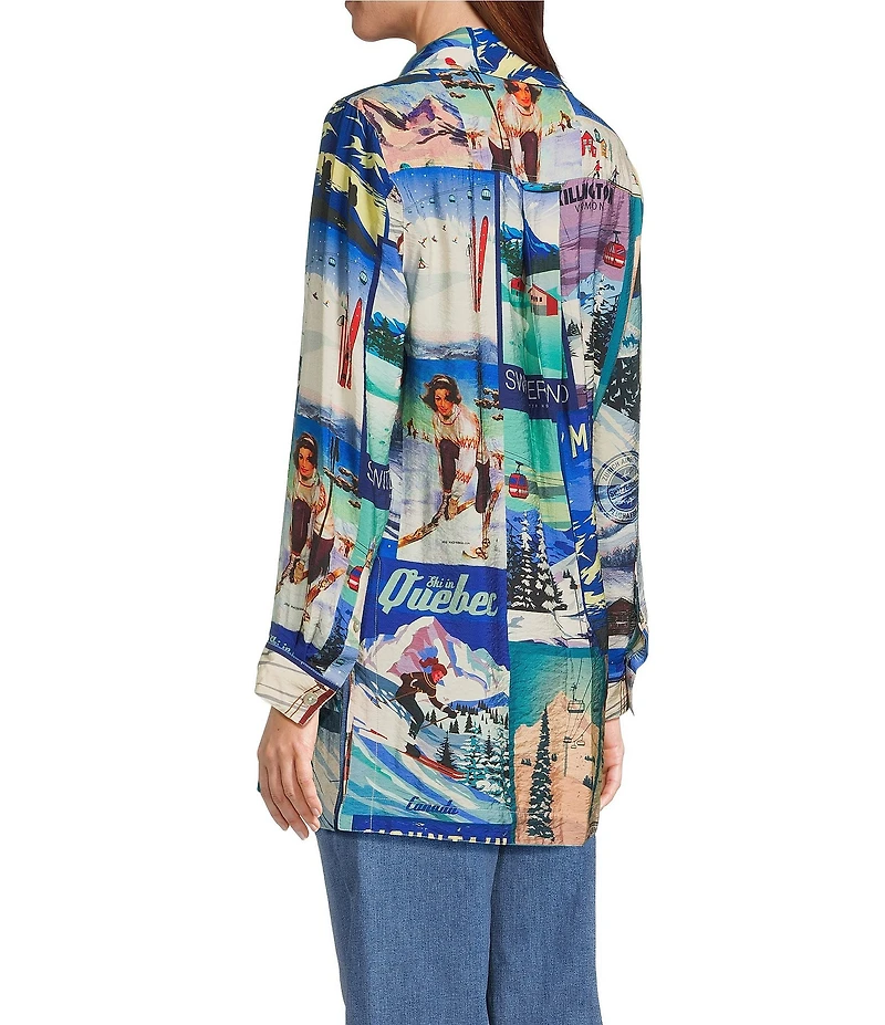 John Mark Novelty Travel Print Point Collar Roll-Tab Sleeve Button Front Tunic
