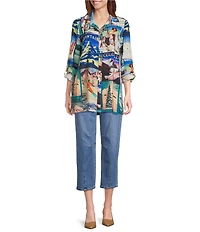 John Mark Novelty Travel Print Point Collar Roll-Tab Sleeve Button Front Tunic