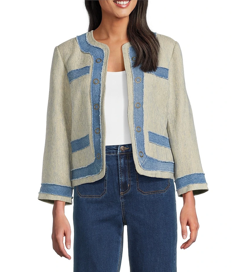 John Mark Open Front Frayed Denim Trimmed Faux Pocket Floral Paisley Lining Tweed Jacket