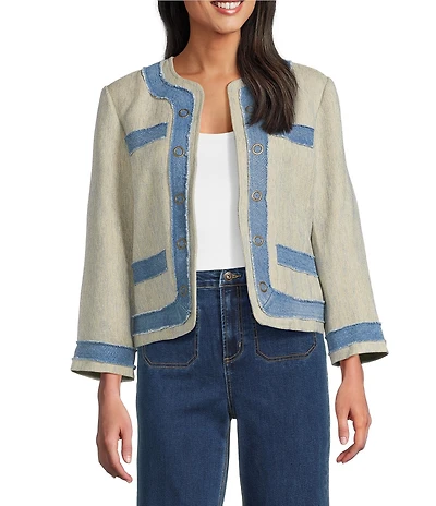 John Mark Open Front Frayed Denim Trimmed Faux Pocket Floral Paisley Lining Tweed Jacket