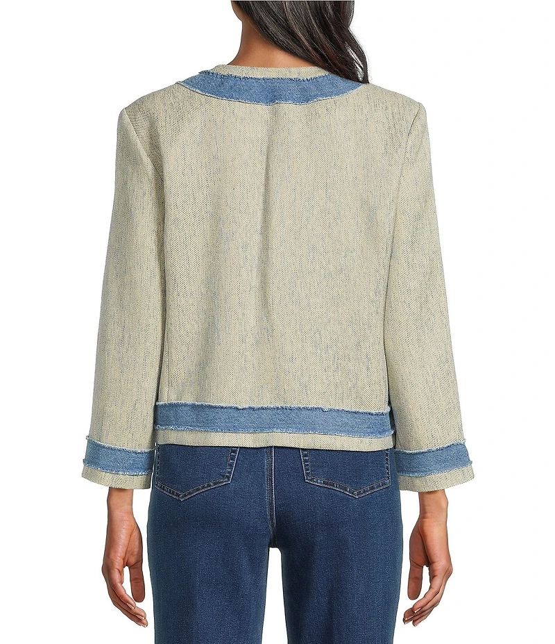 John Mark Open Front Frayed Denim Trimmed Faux Pocket Floral Paisley Lining Tweed Jacket