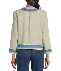 John Mark Open Front Frayed Denim Trimmed Faux Pocket Floral Paisley Lining Tweed Jacket