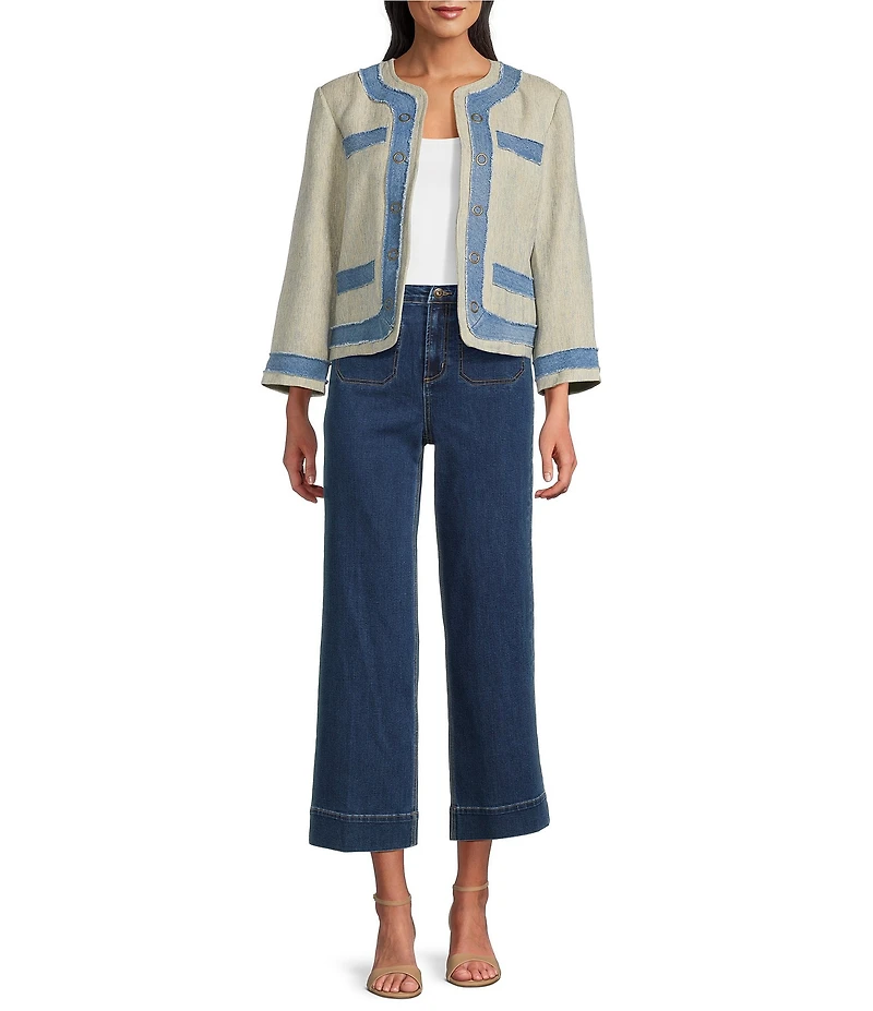 John Mark Open Front Frayed Denim Trimmed Faux Pocket Floral Paisley Lining Tweed Jacket