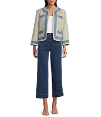 John Mark Open Front Frayed Denim Trimmed Faux Pocket Floral Paisley Lining Tweed Jacket