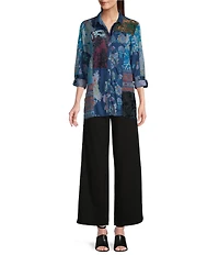 John Mark Patchwork Print Button Front Long Roll-Tab Sleeve Blouse