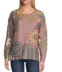 John Mark Patchwork Print Crew Neck Long Sleeve Knit Sweater