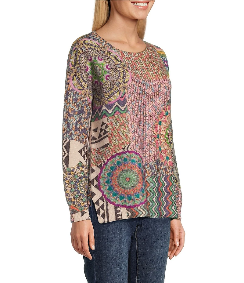 John Mark Patchwork Print Crew Neck Long Sleeve Knit Sweater