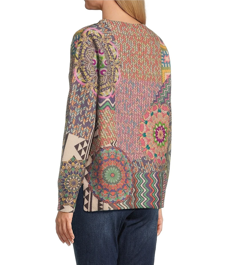 John Mark Patchwork Print Crew Neck Long Sleeve Knit Sweater
