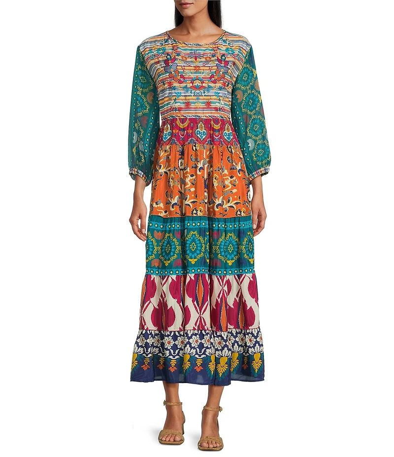 John Mark Patchwork Print Woven Crew Neck 3/4 Sleeves Embroidered A-Line Midi Dress