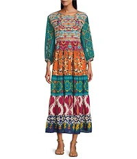 John Mark Patchwork Print Woven Crew Neck 3/4 Sleeves Embroidered A-Line Midi Dress