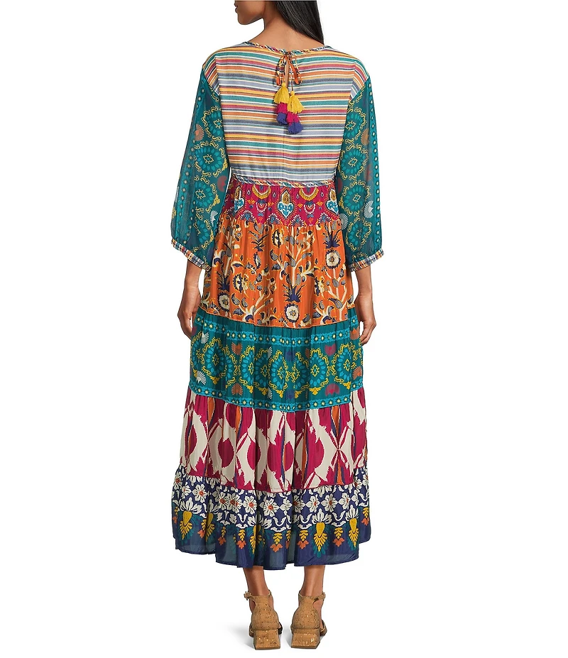 John Mark Patchwork Print Woven Crew Neck 3/4 Sleeves Embroidered A-Line Midi Dress