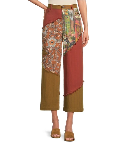 John Mark Patchwork Solid & Floral Print Five Pocket Wide Leg Pants