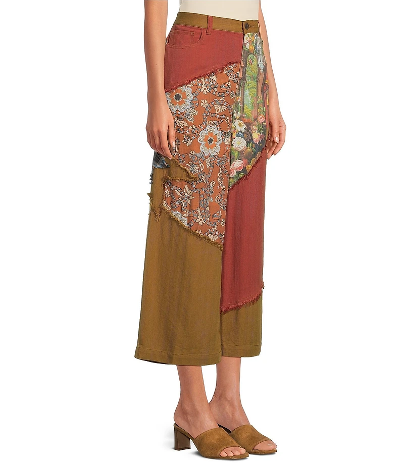 John Mark Patchwork Solid & Floral Print Five Pocket Wide Leg Pants