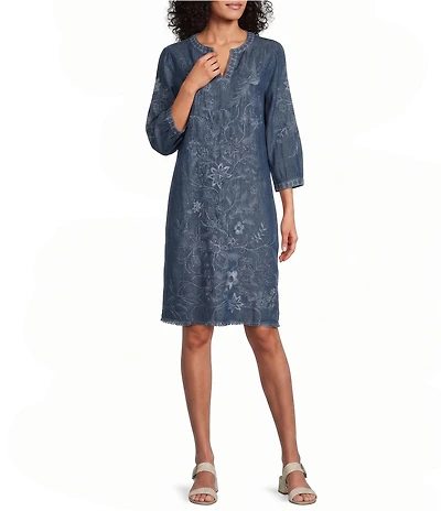 John Mark Petite Size Denim Floral Embroider Split V-Neck 3/4 Sleeve Shift Midi Dress