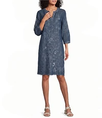 John Mark Petite Size Denim Floral Embroider Split V-Neck 3/4 Sleeve Shift Midi Dress