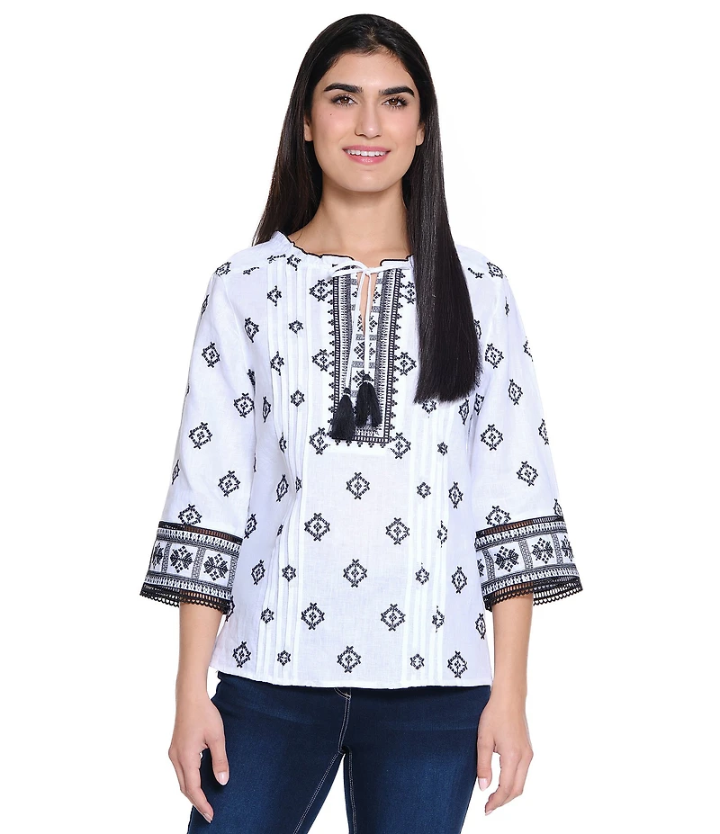 John Mark Petite Size Allover Embroidered Split V-Neck 3/4 Sleeve Tassel Tie Tunic
