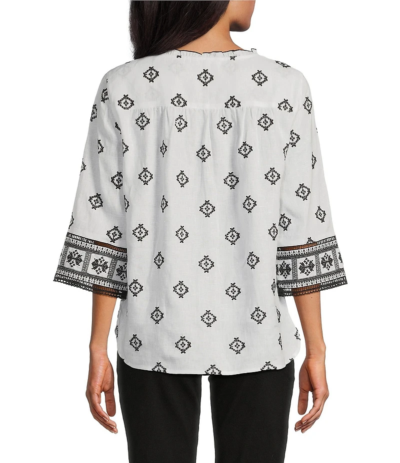 John Mark Petite Size Allover Embroidered Split V-Neck 3/4 Sleeve Tassel Tie Tunic