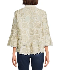 John Mark Petite Size Allover Floral Embroidered Spread Collar 3/4 Sleeve Peasant Top