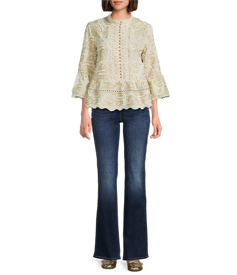 John Mark Petite Size Allover Floral Embroidered Spread Collar 3/4 Sleeve Peasant Top